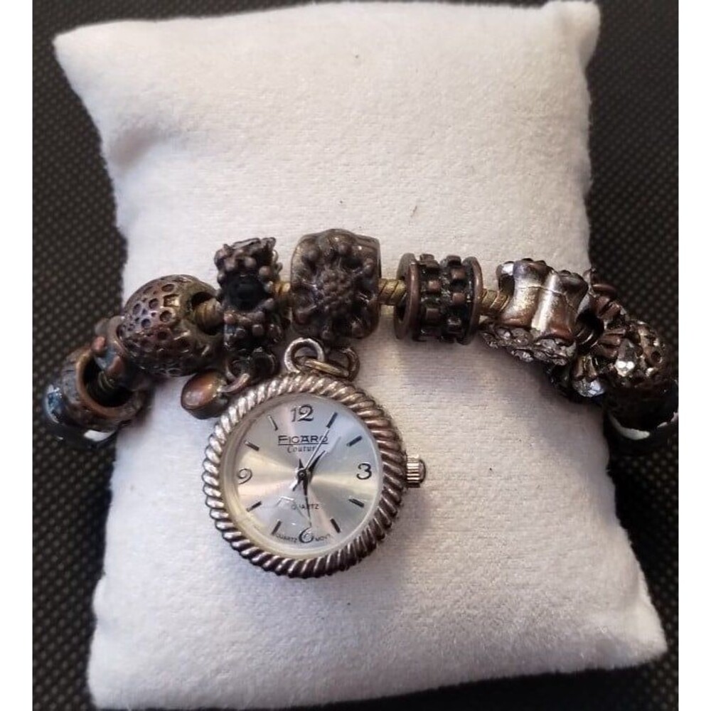 FIGARO COUTURE ANTIQUE SILVER TONE QUARTZ CHARM BRACELET WATCH W/SLIDING BEADS